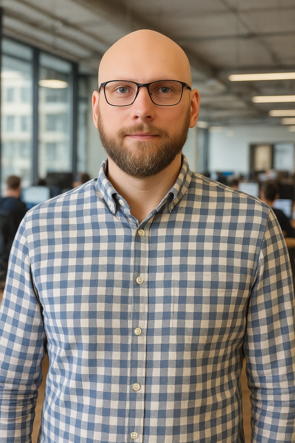 Ivan Makarov smiling in a red plaid shirt and tortoise shell glasses